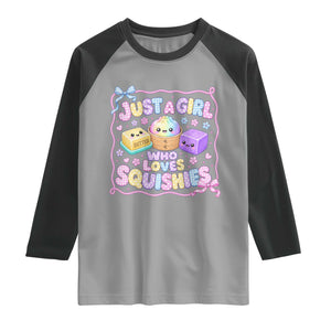 Just A Girl Who Loves Squishies Raglan Shirt Squishy Lovers Kawaii Dumpling Graphic Coquette Bow Girls TS10 Sport Gray Black Print Your Wear