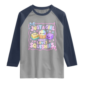 Just A Girl Who Loves Squishies Raglan Shirt Squishy Lovers Kawaii Dumpling Graphic Coquette Bow Girls TS10 Sport Gray Navy Print Your Wear