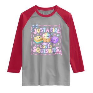 Just A Girl Who Loves Squishies Raglan Shirt Squishy Lovers Kawaii Dumpling Graphic Coquette Bow Girls TS10 Sport Gray Red Print Your Wear