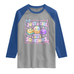 Just A Girl Who Loves Squishies Raglan Shirt Squishy Lovers Kawaii Dumpling Graphic Coquette Bow Girls TS10 Sport Gray Royal Print Your Wear