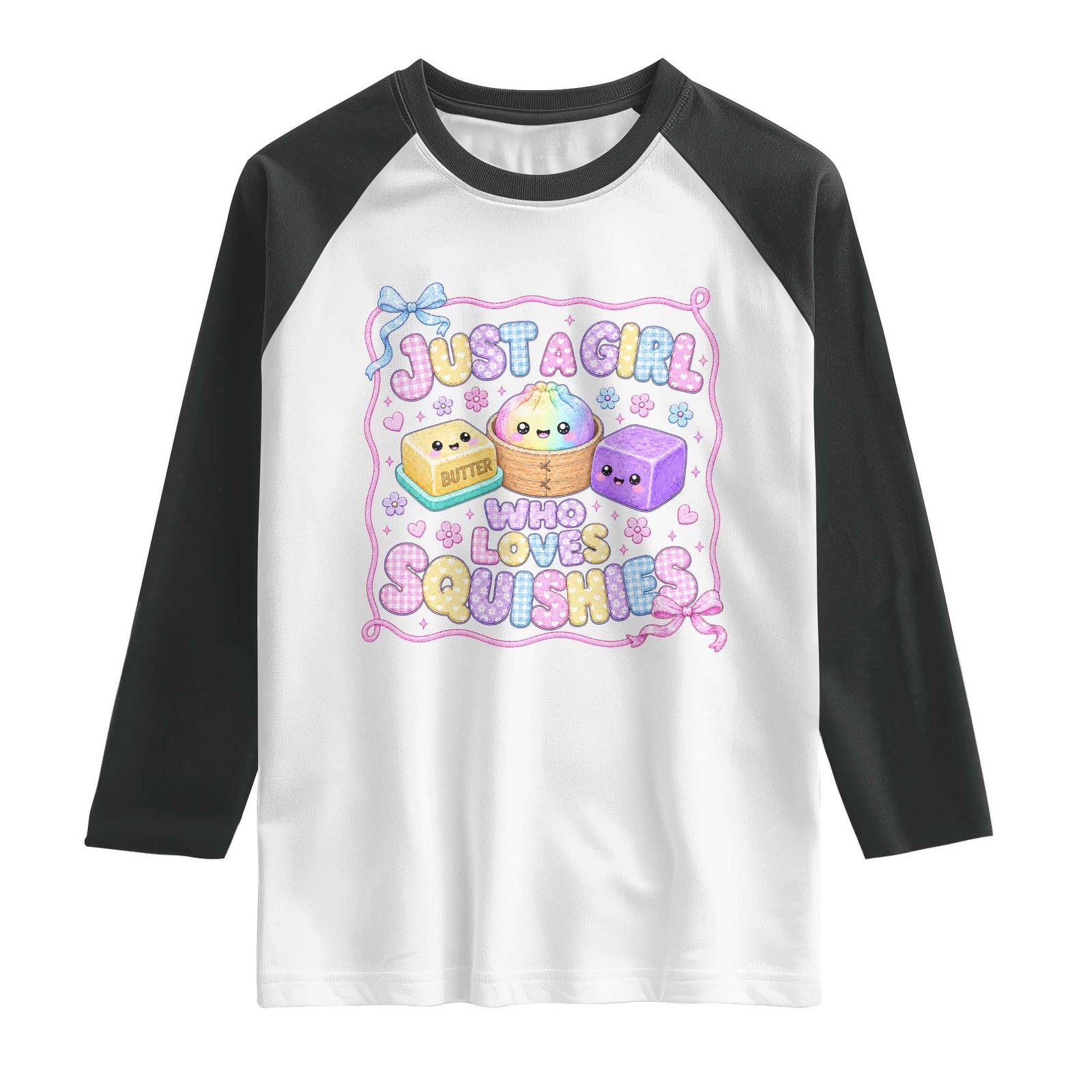 Just A Girl Who Loves Squishies Raglan Shirt Squishy Lovers Kawaii Dumpling Graphic Coquette Bow Girls TS10 White Black Print Your Wear