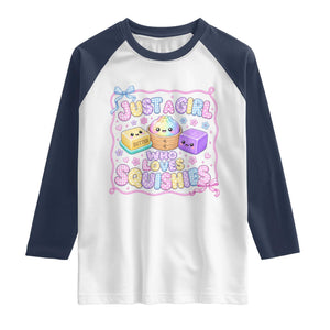 Just A Girl Who Loves Squishies Raglan Shirt Squishy Lovers Kawaii Dumpling Graphic Coquette Bow Girls TS10 White Navy Print Your Wear