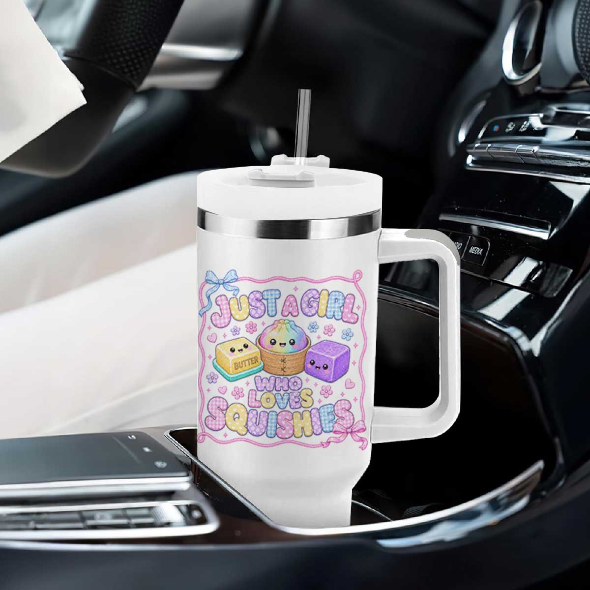 Just A Girl Who Loves Squishies Tumbler With Handle Squishy Lovers Kawaii Dumpling Graphic Coquette Bow Girls