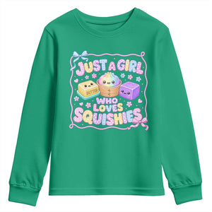 Just A Girl Who Loves Squishies Youth Sweatshirt Squishy Lovers Kawaii Dumpling Graphic Coquette Bow Girls TS10 Irish Green Print Your Wear