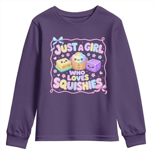 Just A Girl Who Loves Squishies Youth Sweatshirt Squishy Lovers Kawaii Dumpling Graphic Coquette Bow Girls TS10 Purple Print Your Wear