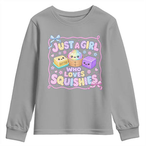 Just A Girl Who Loves Squishies Youth Sweatshirt Squishy Lovers Kawaii Dumpling Graphic Coquette Bow Girls TS10 Sport Gray Print Your Wear