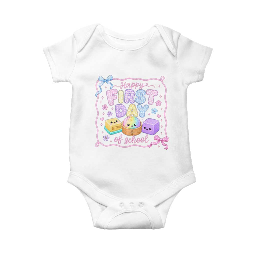 Happy First Day Of School Cute Kawaii Squishy Back To School Graphic Baby Onesie TS10 White Print Your Wear