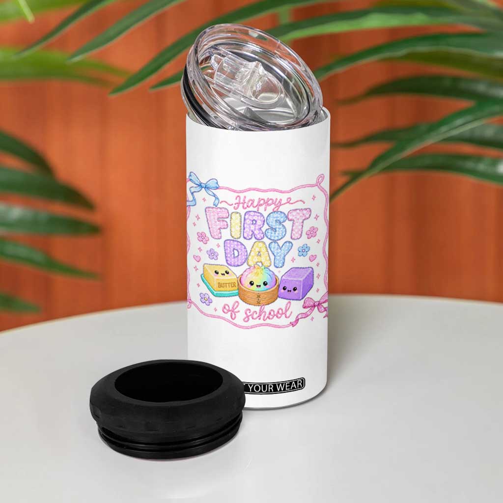Happy First Day Of School Cute Kawaii Squishy Back To School Graphic 4 in 1 Can Cooler Tumbler