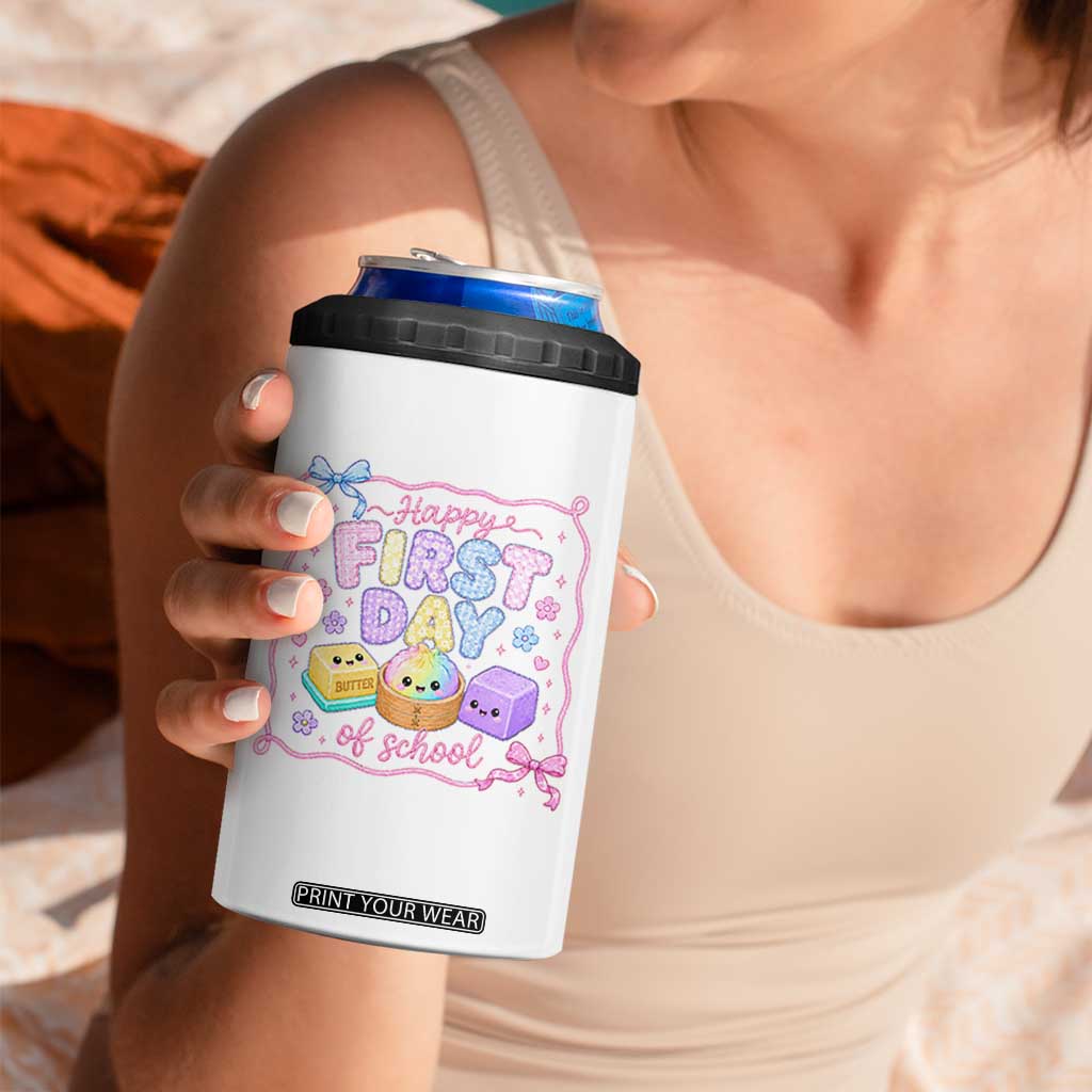 Happy First Day Of School Cute Kawaii Squishy Back To School Graphic 4 in 1 Can Cooler Tumbler
