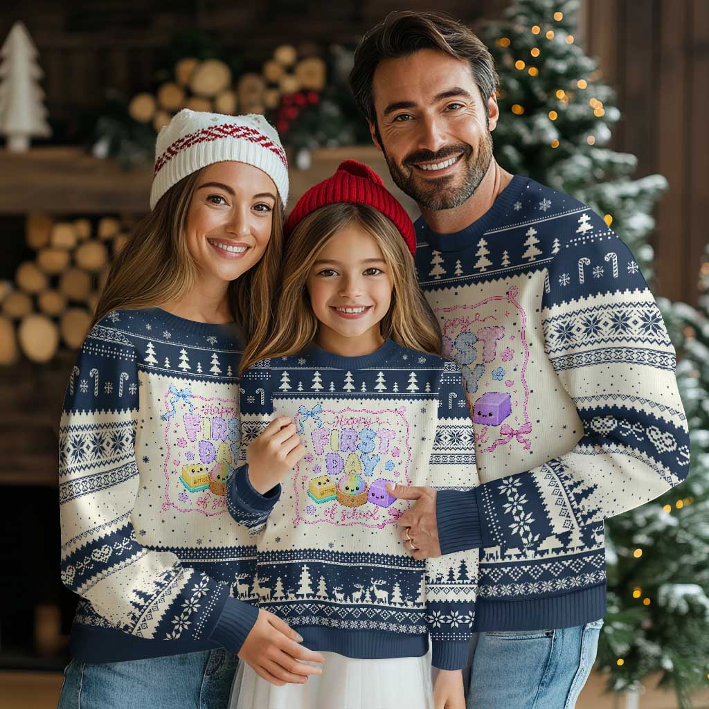 Happy First Day Of School Cute Kawaii Squishy Back To School Graphic Ugly Christmas Sweater TS10 Beige Navy Print Your Wear