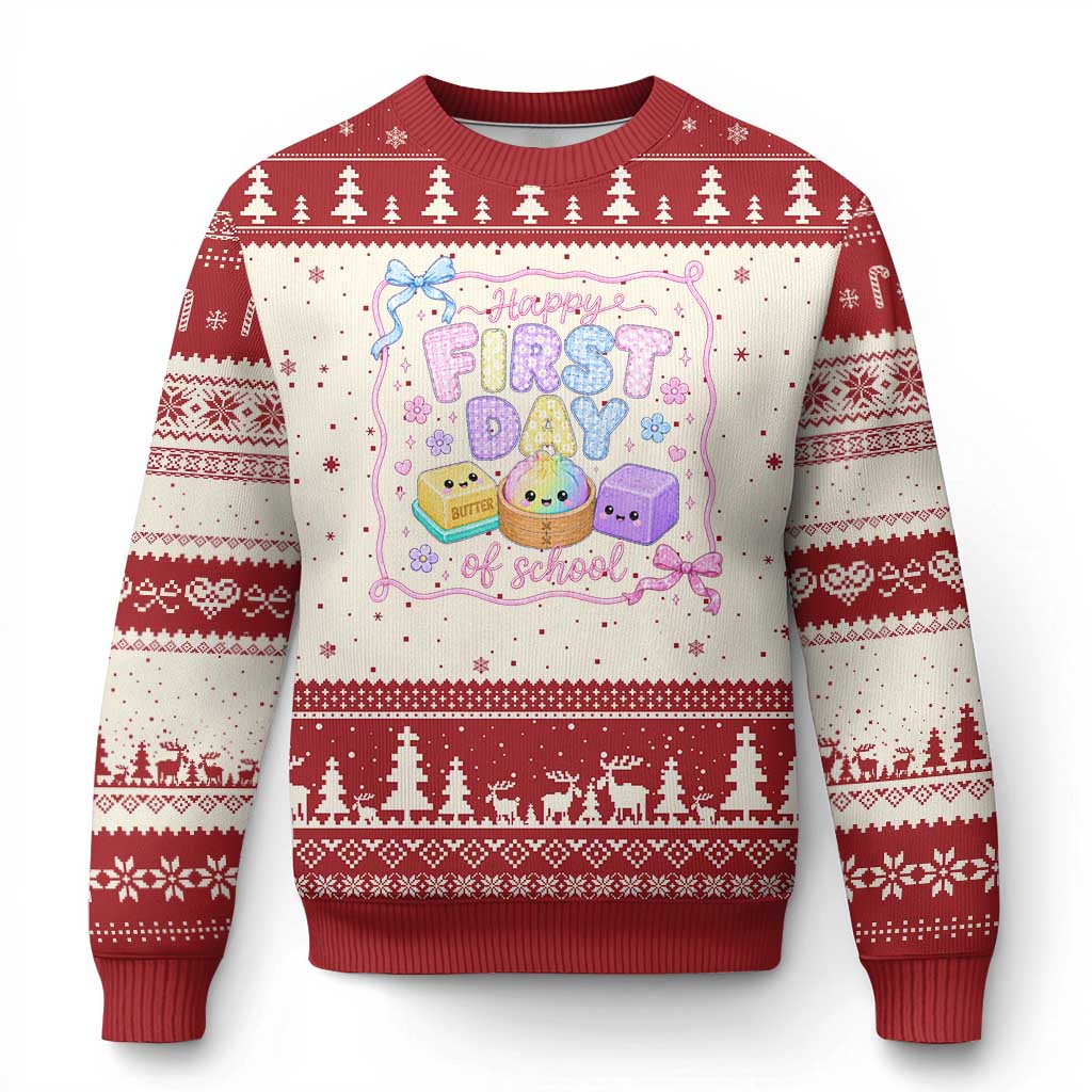 Happy First Day Of School Cute Kawaii Squishy Back To School Graphic Ugly Christmas Sweater TS10 Beige Red Print Your Wear