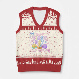 Happy First Day Of School Cute Kawaii Squishy Back To School Graphic V-Neck Knit Sweater Vest TS10 Beige Red Print Your Wear
