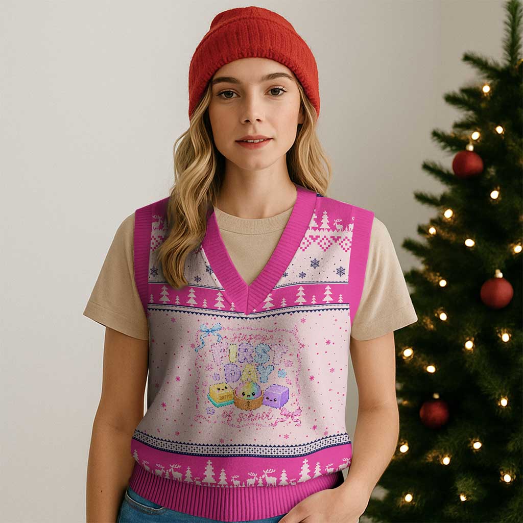 Happy First Day Of School Cute Kawaii Squishy Back To School Graphic V-Neck Knit Sweater Vest TS10 Hot Pink Print Your Wear