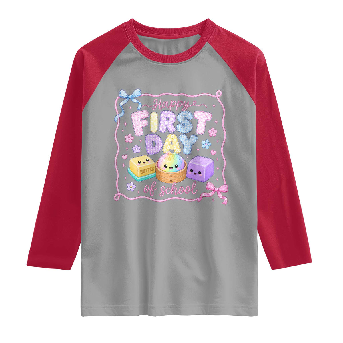 Happy First Day Of School Cute Kawaii Squishy Back To School Graphic Raglan Shirt TS10 Sport Gray Red Print Your Wear