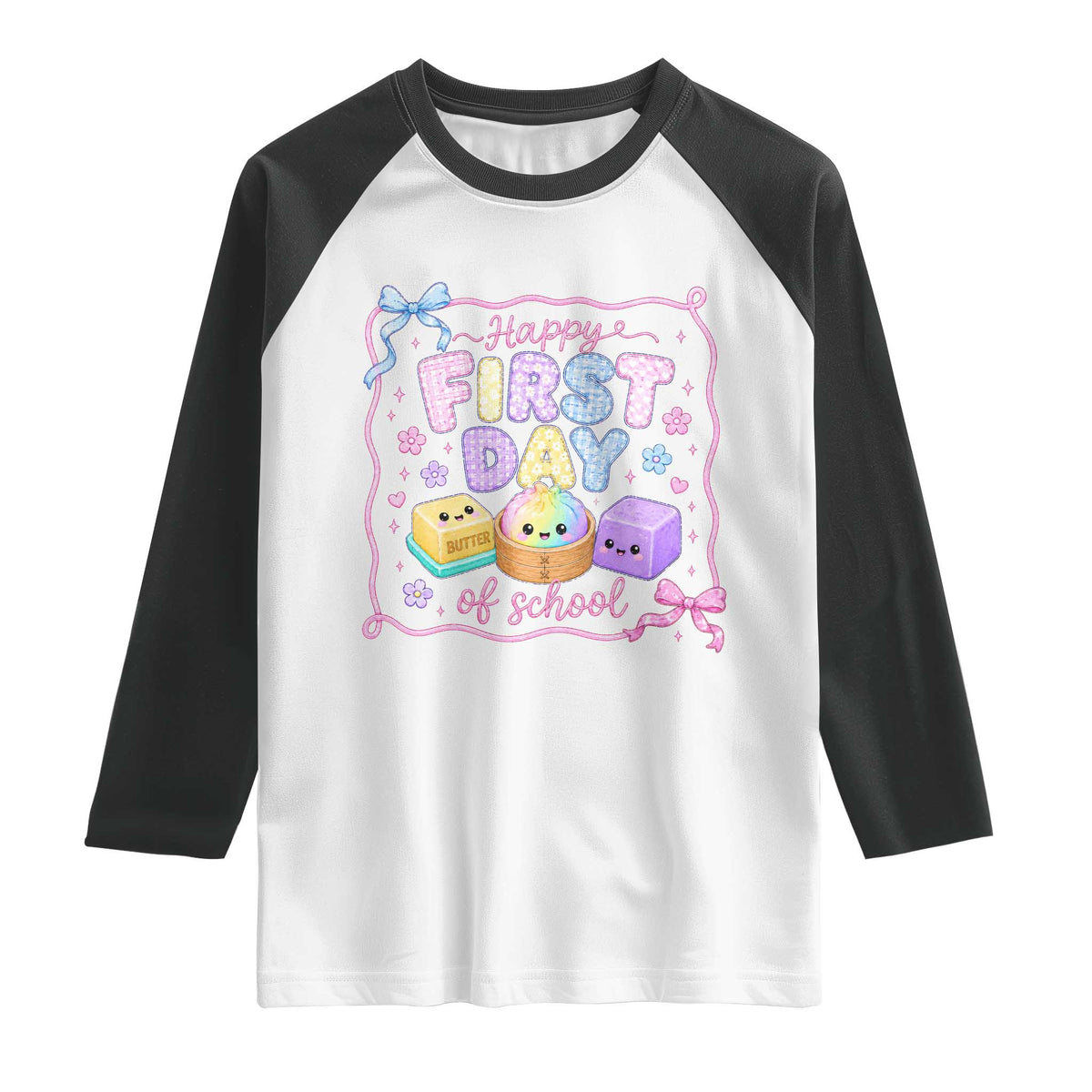 Happy First Day Of School Cute Kawaii Squishy Back To School Graphic Raglan Shirt TS10 White Black Print Your Wear