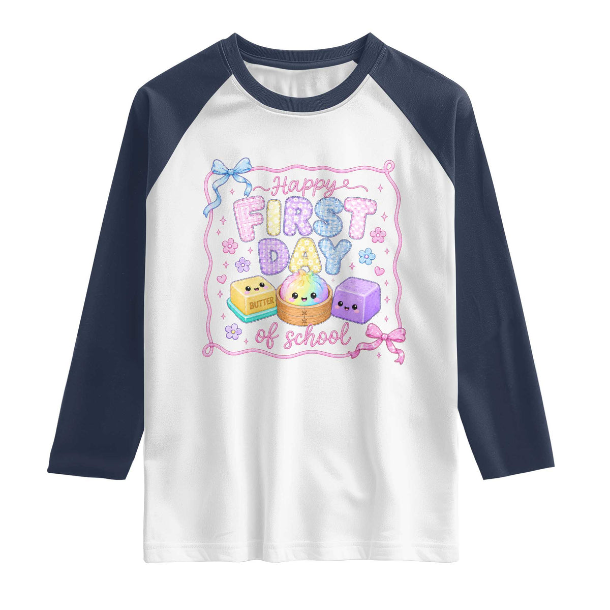 Happy First Day Of School Cute Kawaii Squishy Back To School Graphic Raglan Shirt TS10 White Navy Print Your Wear
