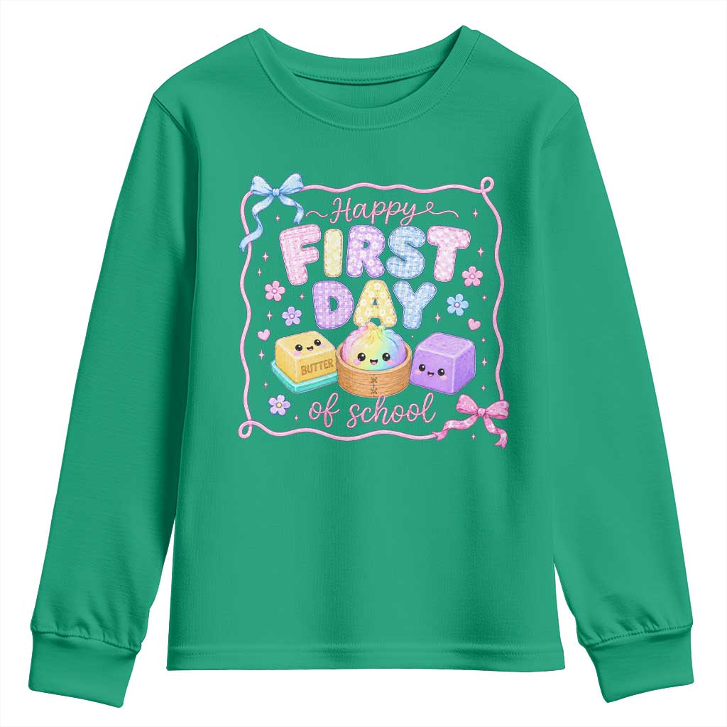 Happy First Day Of School Cute Kawaii Squishy Back To School Graphic Youth Sweatshirt TS10 Irish Green Print Your Wear