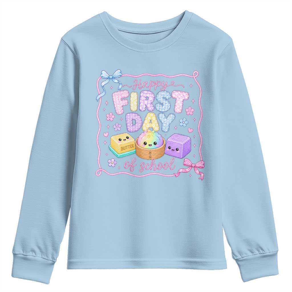 Happy First Day Of School Cute Kawaii Squishy Back To School Graphic Youth Sweatshirt TS10 Light Blue Print Your Wear