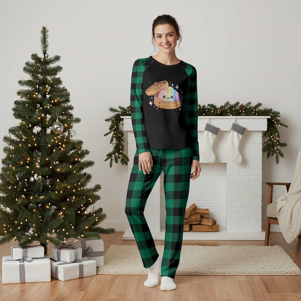 Cute Rainbow Dumpling Squishy Plaid Pajama Set Kawaii Graphic TS10 Green Plaid Print Your Wear