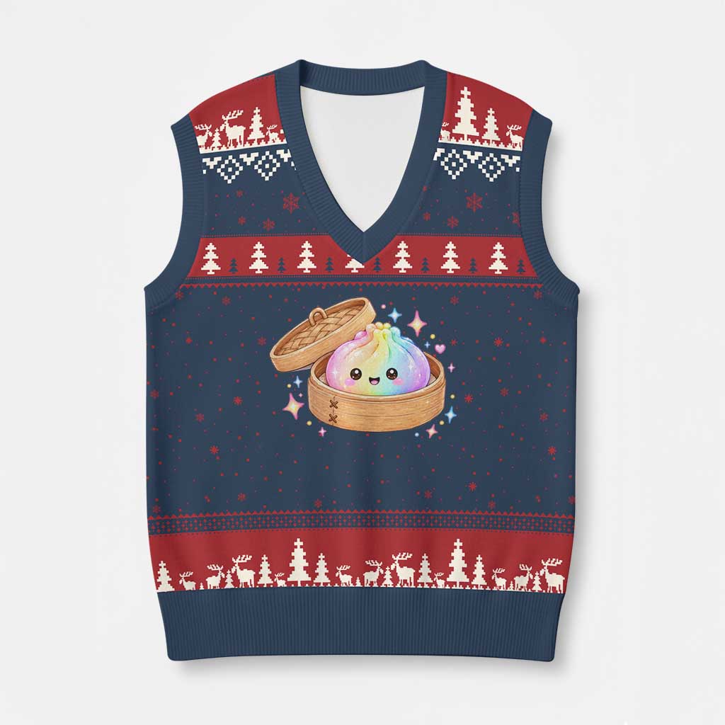 Cute Rainbow Dumpling Squishy V-Neck Knit Sweater Vest Kawaii Graphic TS10 Navy Red Print Your Wear