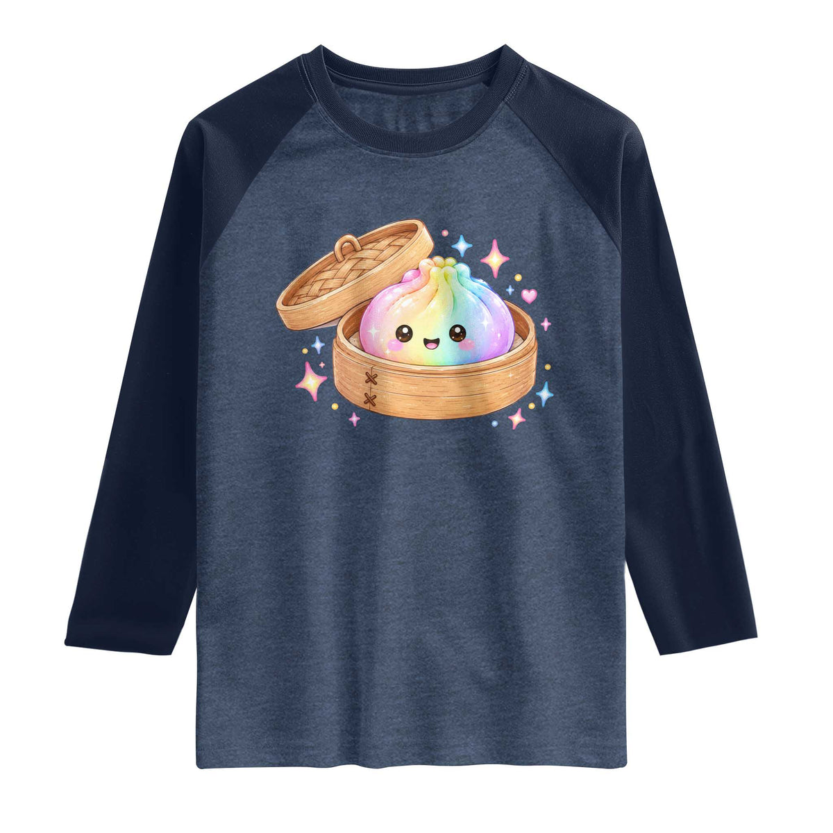 Cute Rainbow Dumpling Squishy Raglan Shirt Kawaii Graphic TS10 Heather Denim Navy Print Your Wear