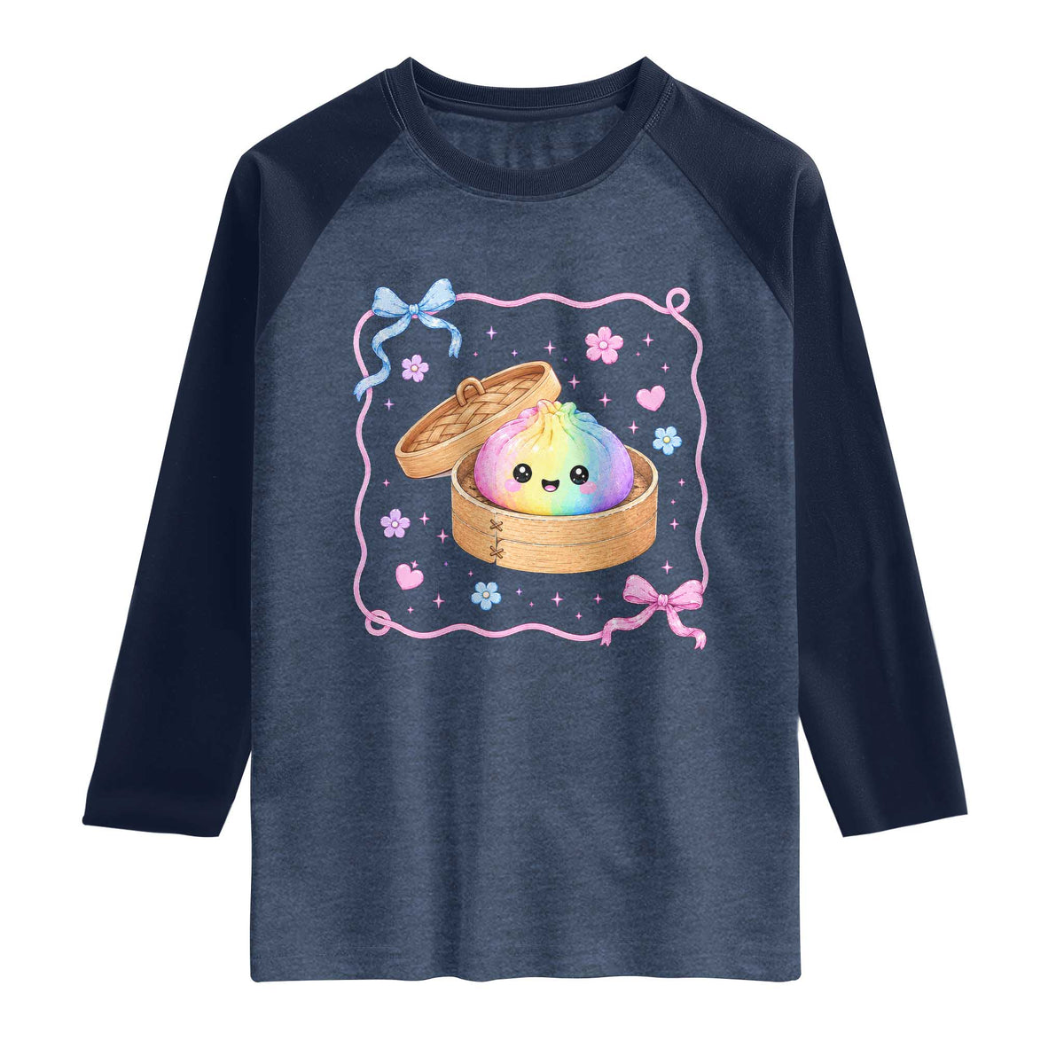 Squishy Lovers Raglan Shirt Cute Dumpling Graphic Coquette Bow Girls TS10 Heather Denim Navy Print Your Wear