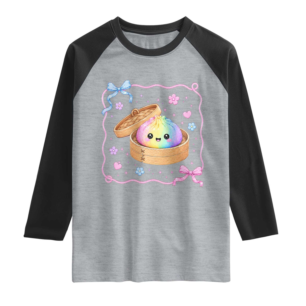 Squishy Lovers Raglan Shirt Cute Dumpling Graphic Coquette Bow Girls TS10 Heather Gray Black Print Your Wear