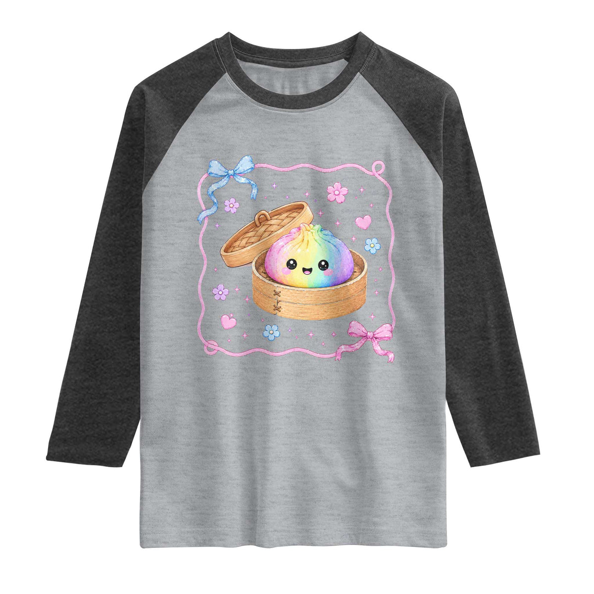 Squishy Lovers Raglan Shirt Cute Dumpling Graphic Coquette Bow Girls TS10 Heather Gray Heather Charcoal Print Your Wear