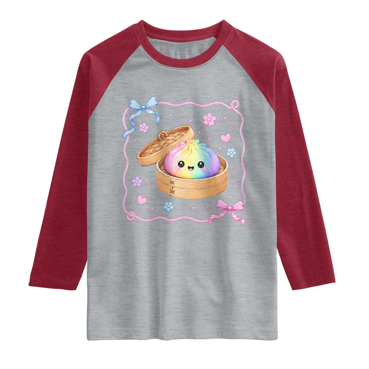 Squishy Lovers Raglan Shirt Cute Dumpling Graphic Coquette Bow Girls TS10 Heather Gray Heather Red Print Your Wear