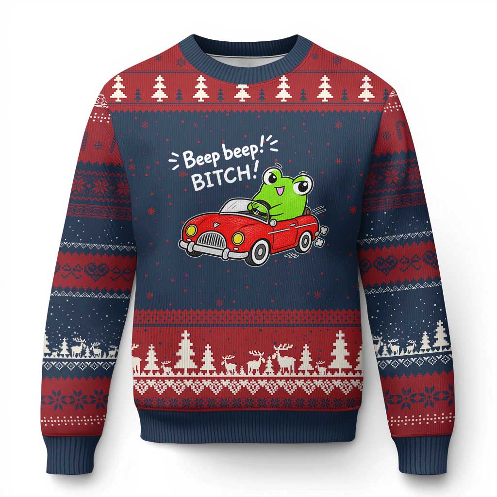 Beep Beep Frog Ugly Christmas Sweater Funny Driving Frog Red Convertible Car Graphic TS10 Navy Red Print Your Wear