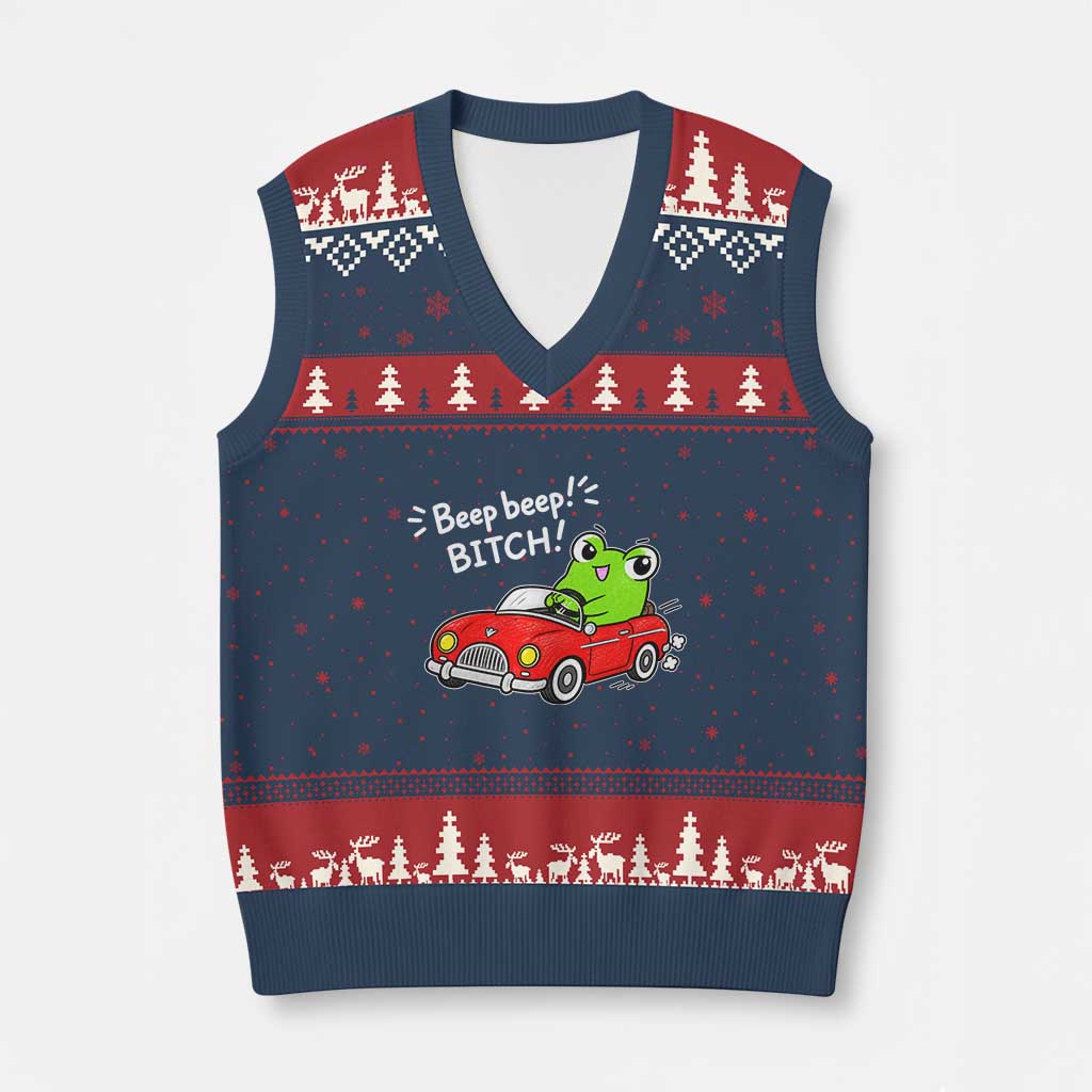 Beep Beep Frog V-Neck Knit Sweater Vest Funny Driving Frog Red Convertible Car Graphic TS10 Navy Red Print Your Wear