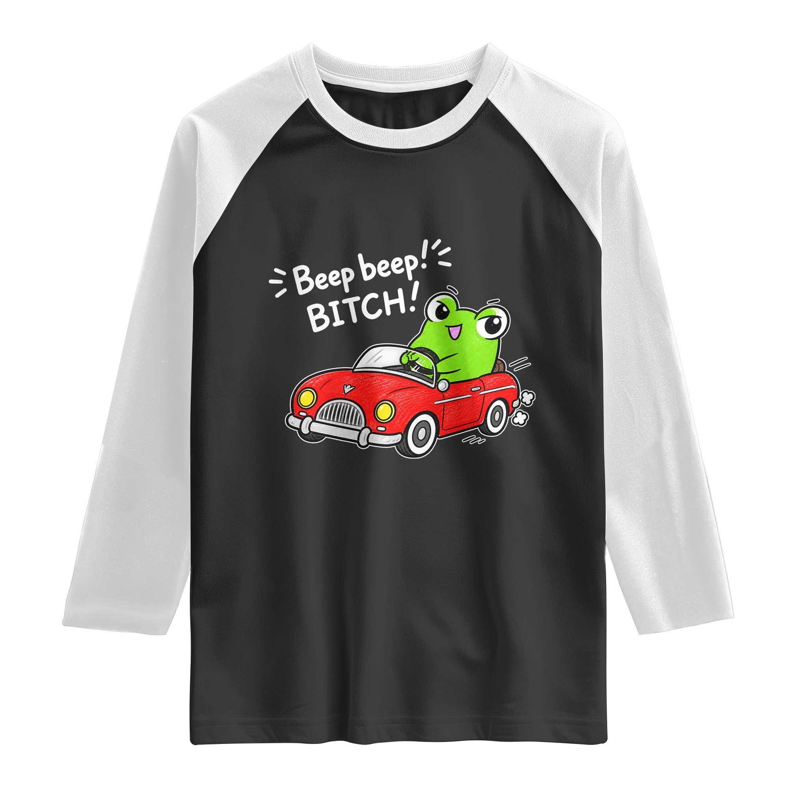 Beep Beep Frog Raglan Shirt Funny Driving Frog Red Convertible Car Graphic TS10 Black White Print Your Wear