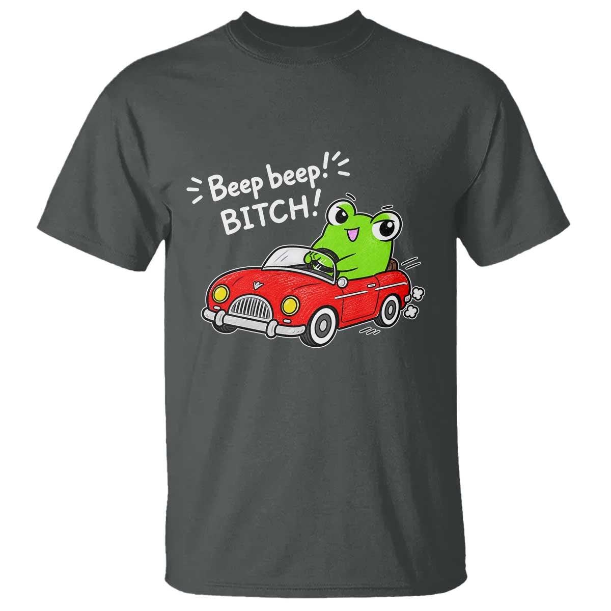 Beep Beep Frog T Shirt Funny Driving Frog Red Convertible Car Graphic TS10 Dark Heather Print Your Wear