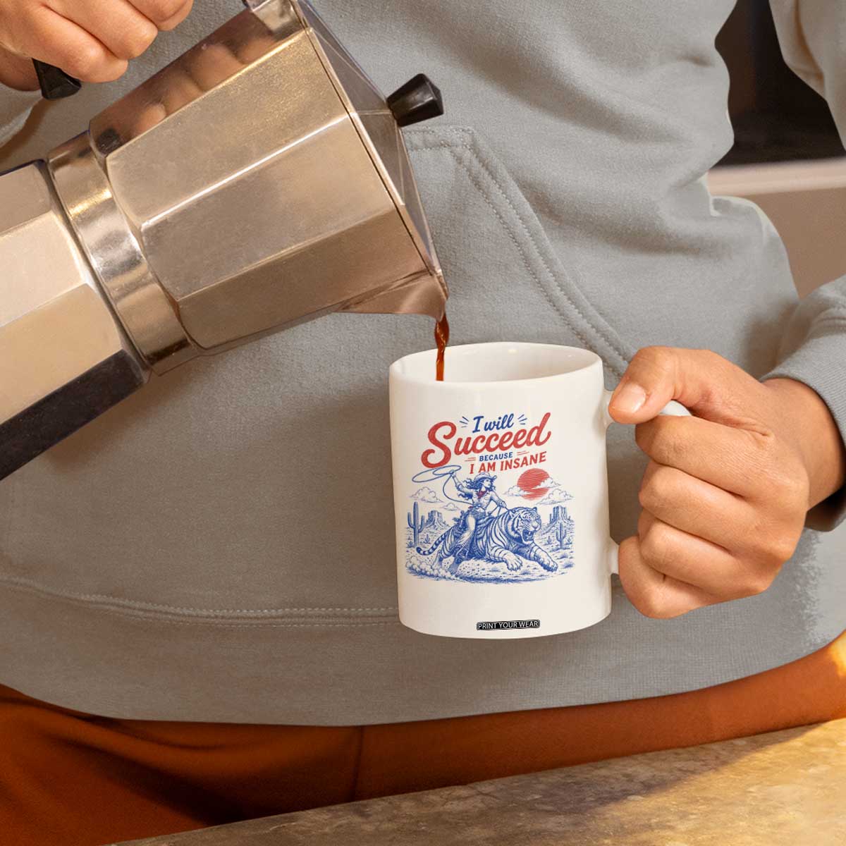 I Will Succeed Because I Am Insane Cowgirl Riding Tiger Vintage Graphic Coffee Mug TS10 Print Your Wear