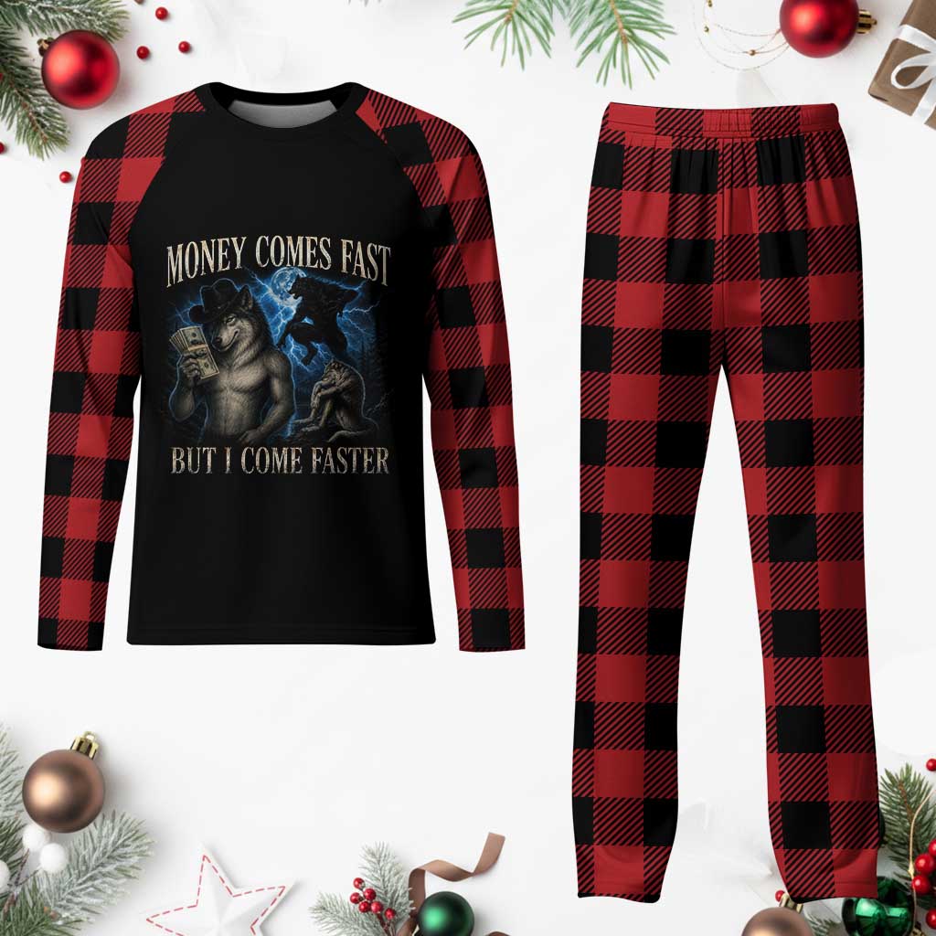 Funny Alpha Wolf Meme Plaid Pajama Set Vintage Bootleg Graphic Money Comes Fast But I Come Faster TS10 Buffalo Plaid Print Your Wear