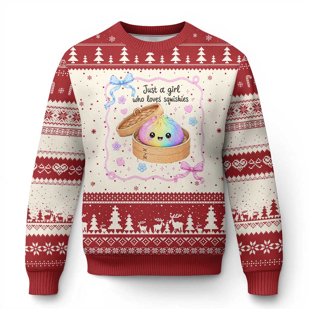 Just A Girl Who Loves Squishies Ugly Christmas Sweater Cute Dumpling Graphic Coquette Bow Girls TS10 Beige Red Print Your Wear