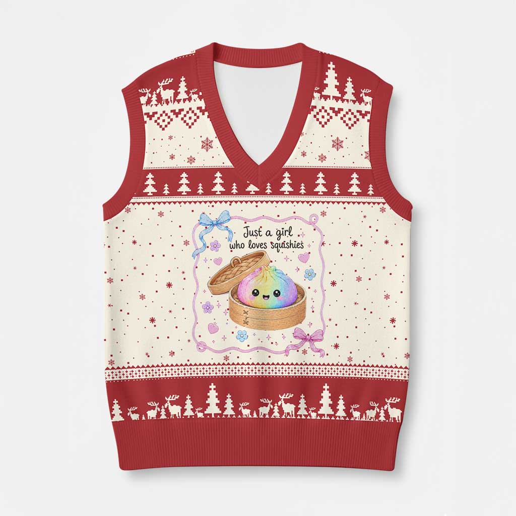 Just A Girl Who Loves Squishies V-Neck Knit Sweater Vest Cute Dumpling Graphic Coquette Bow Girls TS10 Beige Red Print Your Wear