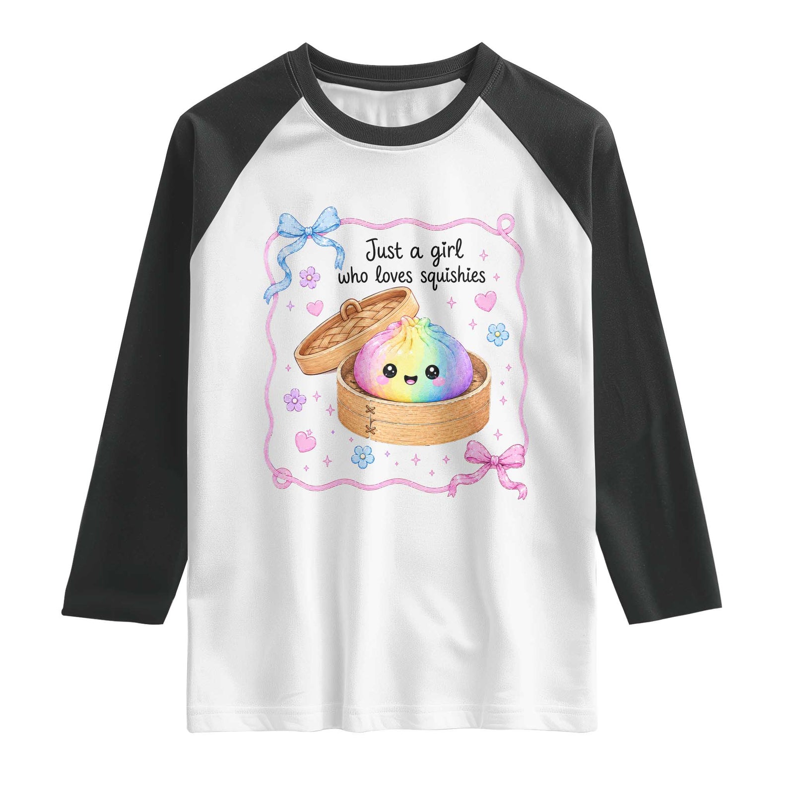 Just A Girl Who Loves Squishies Raglan Shirt Cute Dumpling Graphic Coquette Bow Girls TS10 White Black Print Your Wear
