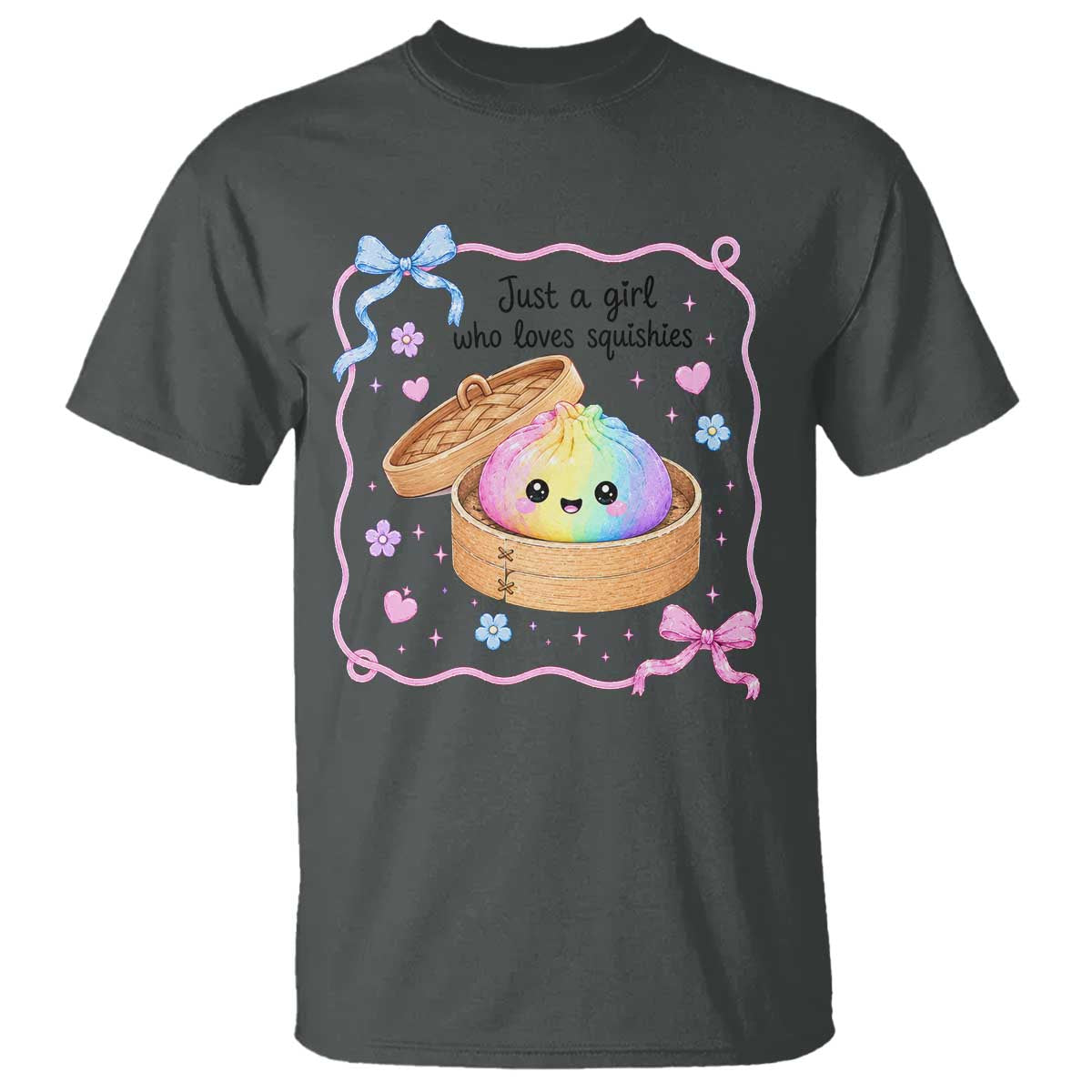 Just A Girl Who Loves Squishies T Shirt Cute Dumpling Graphic Coquette Bow Girls TS10 Dark Heather Print Your Wear