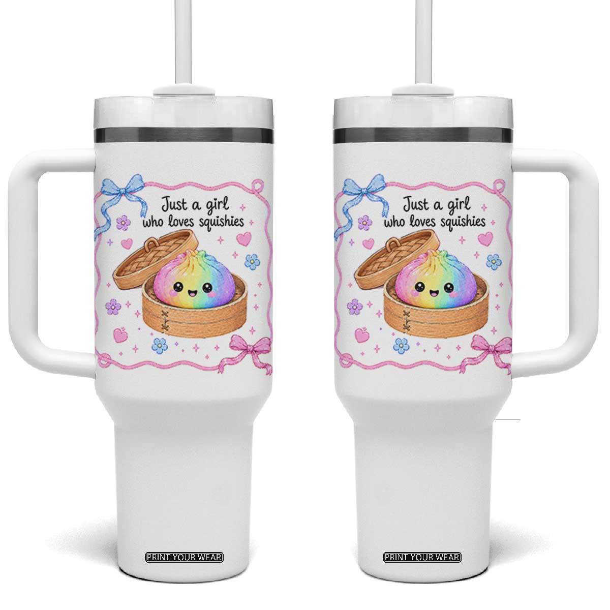 Just A Girl Who Loves Squishies Tumbler With Handle Cute Dumpling Graphic Coquette Bow Girls TS10 One Size: 40 oz White Print Your Wear