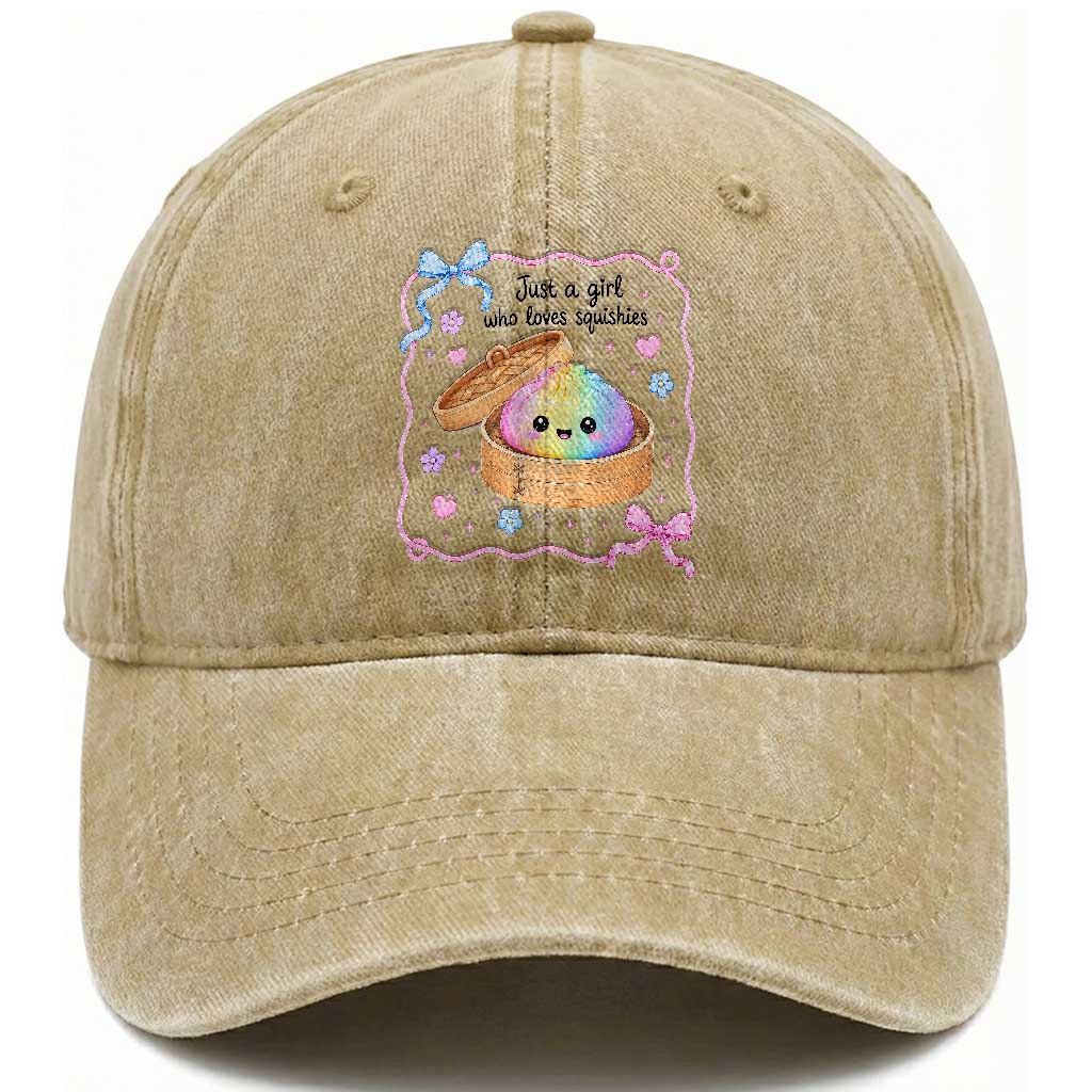 Just A Girl Who Loves Squishies Washed Cotton Baseball Cap Cute Dumpling Graphic Coquette Bow Girls TS10 Print Your Wear