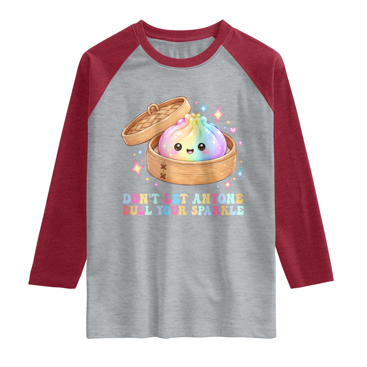 Dont Let Anyone Dull Your Sparkle Cute Rainbow Dumpling Squishy Graphic Raglan Shirt TS10 Heather Gray Heather Red Print Your Wear