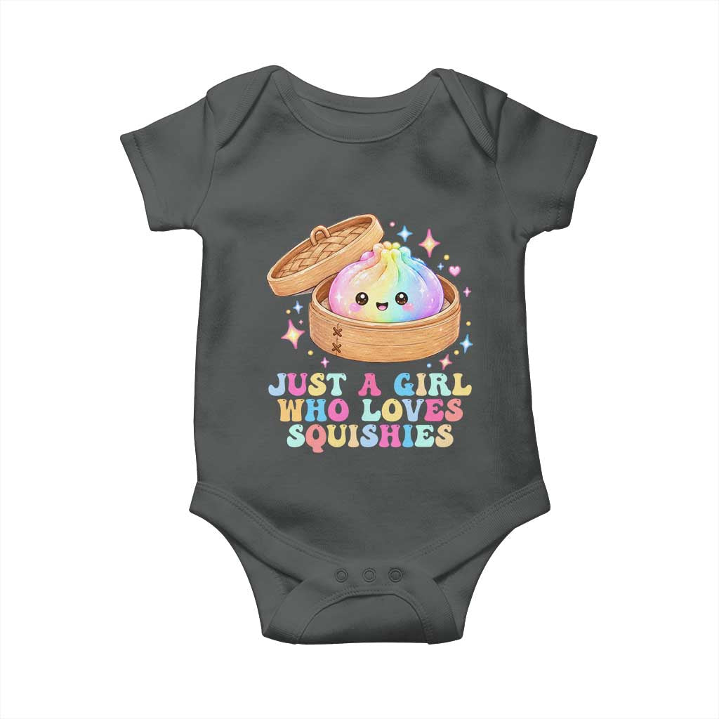Just A Girl Who Loves Squishies Baby Onesie Cute Rainbow Dumpling Squishy Graphic TS10 Dark Heather Print Your Wear