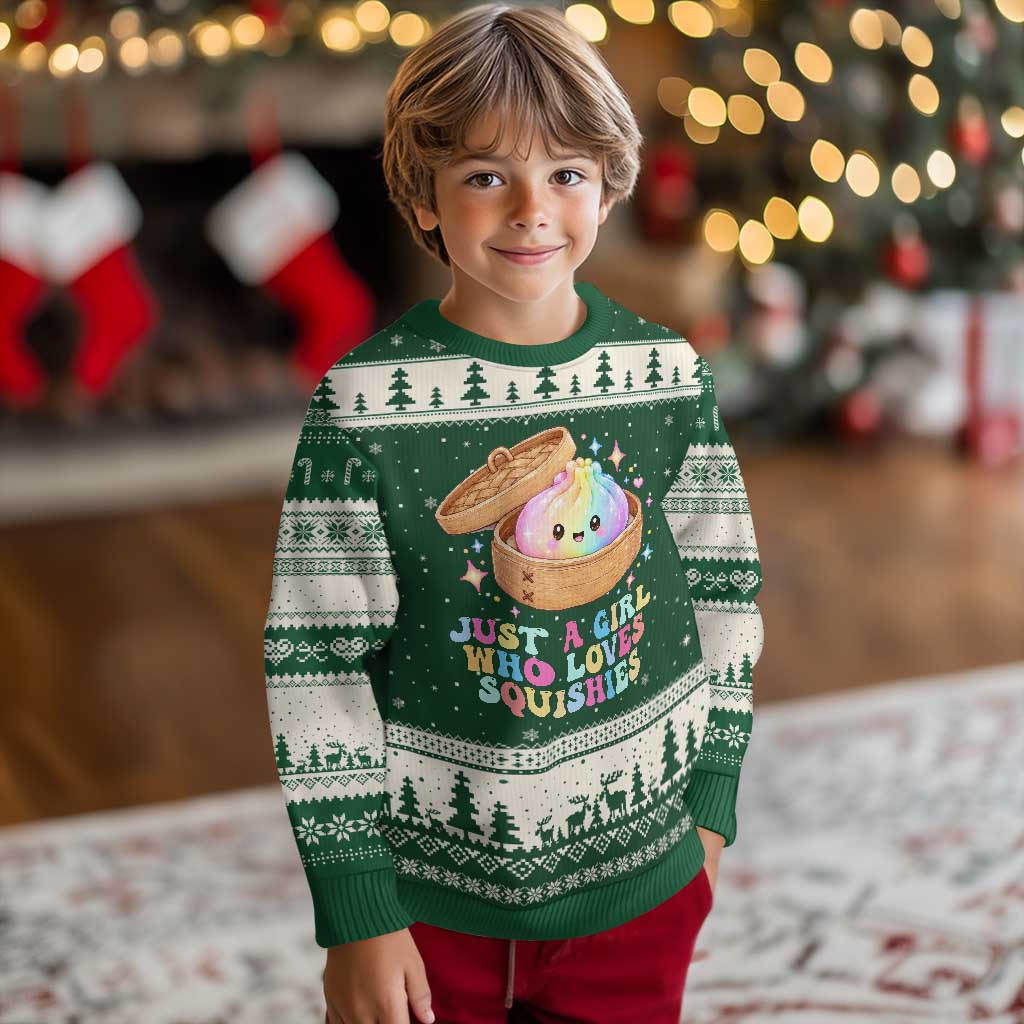 Just A Girl Who Loves Squishies Ugly Christmas Sweater Cute Rainbow Dumpling Squishy Graphic TS10 Forest Green Beige Print Your Wear