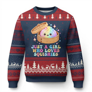 Just A Girl Who Loves Squishies Ugly Christmas Sweater Cute Rainbow Dumpling Squishy Graphic TS10 Navy Red Print Your Wear