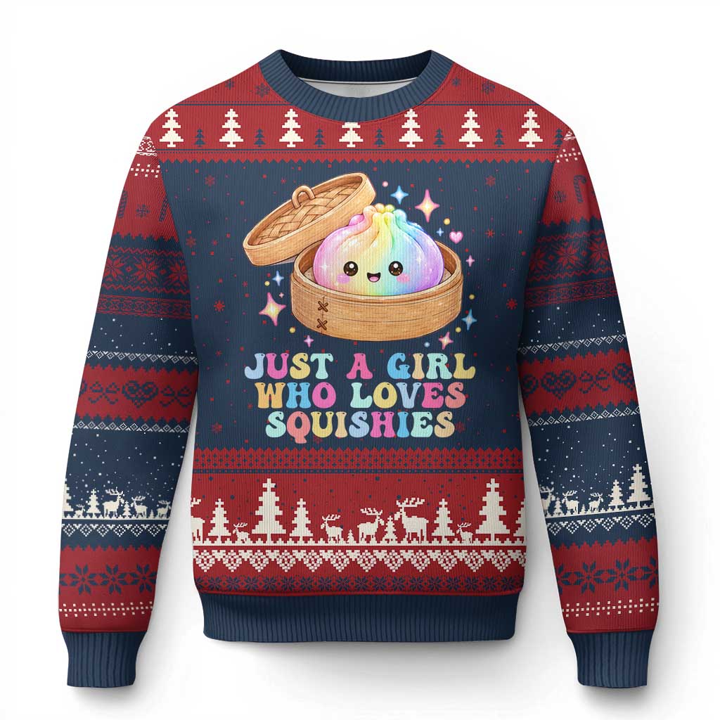 Just A Girl Who Loves Squishies Ugly Christmas Sweater Cute Rainbow Dumpling Squishy Graphic TS10 Navy Red Print Your Wear
