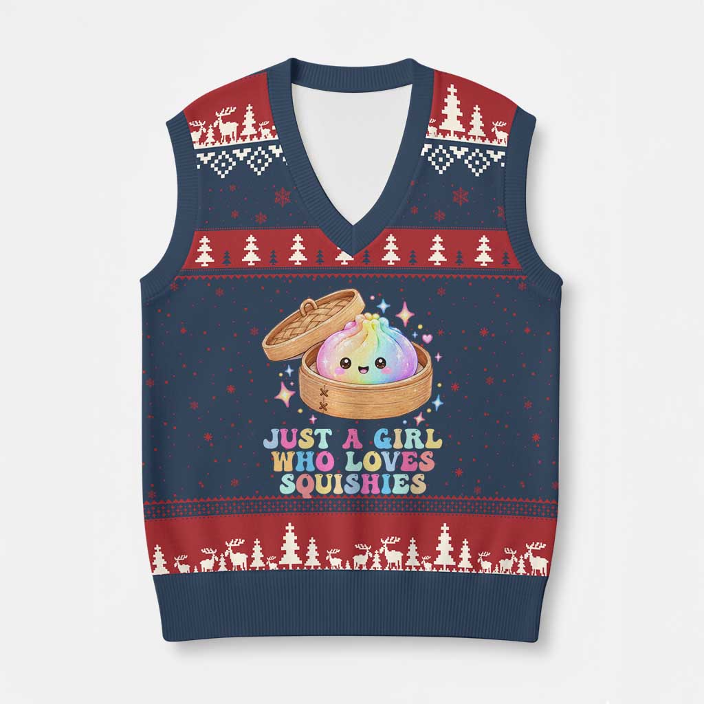 Just A Girl Who Loves Squishies V-Neck Knit Sweater Vest Cute Rainbow Dumpling Squishy Graphic TS10 Navy Red Print Your Wear