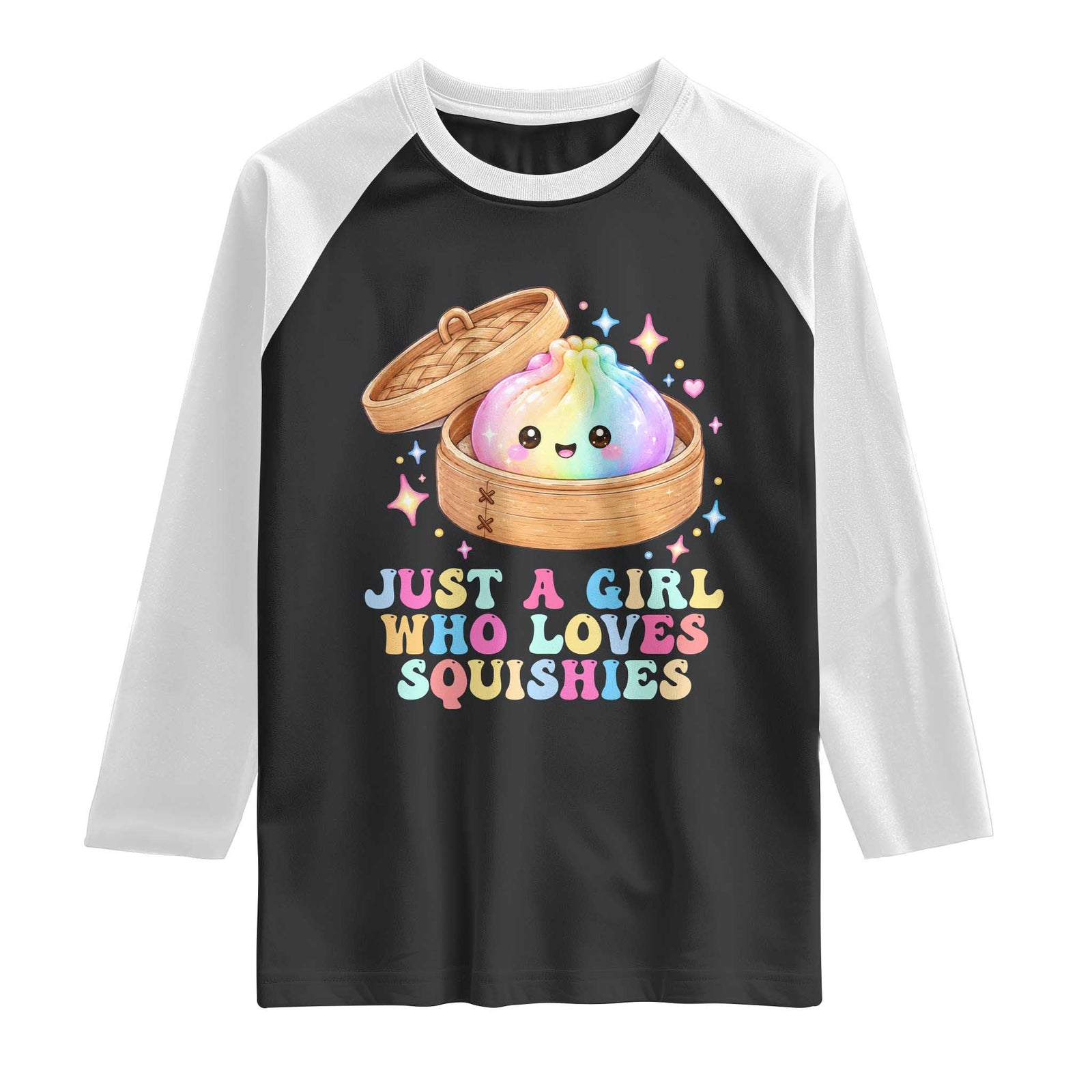 Just A Girl Who Loves Squishies Raglan Shirt Cute Rainbow Dumpling Squishy Graphic TS10 Black White Print Your Wear