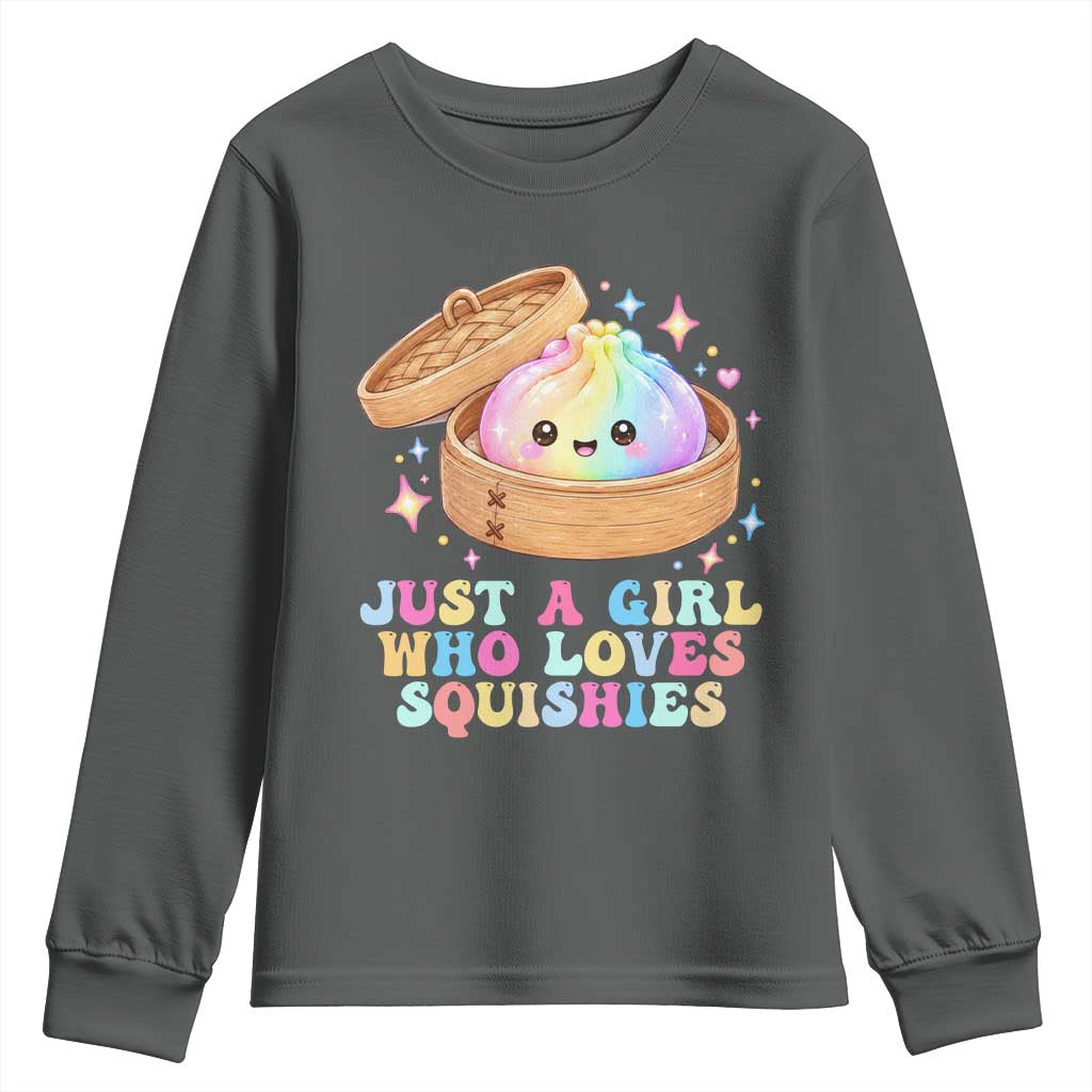 Just A Girl Who Loves Squishies Youth Sweatshirt Cute Rainbow Dumpling Squishy Graphic TS10 Dark Heather Print Your Wear