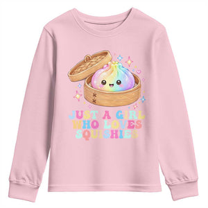Just A Girl Who Loves Squishies Youth Sweatshirt Cute Rainbow Dumpling Squishy Graphic TS10 Light Pink Print Your Wear
